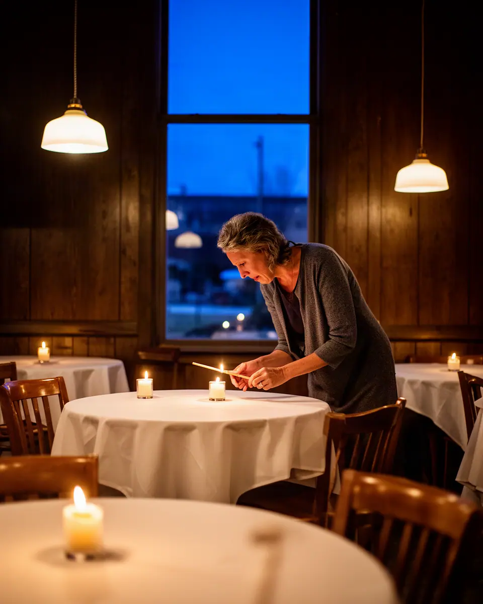 A supper-club owner lighting small candles on white-clothed tables in her warm restaurant before opening.