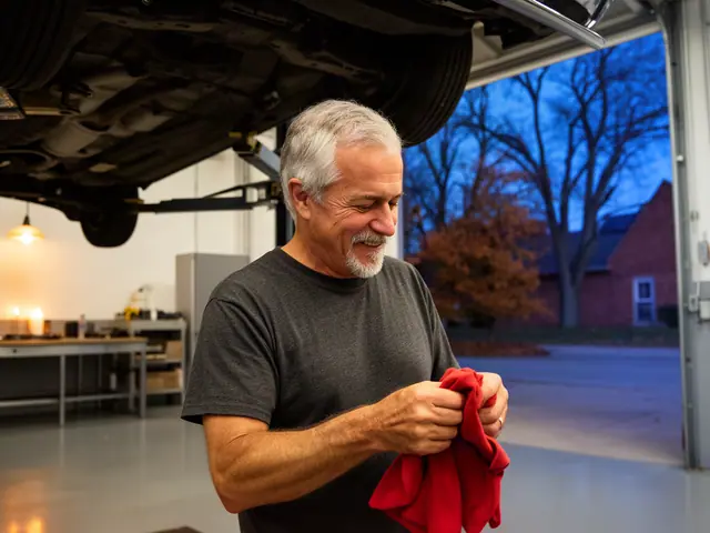 An auto-repair shop owner in a service bay under a lifted car.