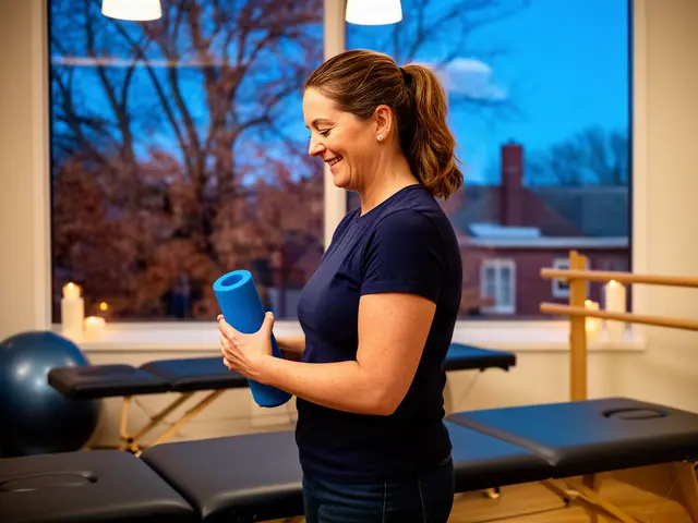 A therapist standing between padded treatment tables in a bright clinic.