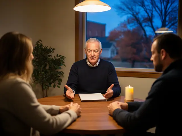 An insurance agent talking with a couple at a round table.
