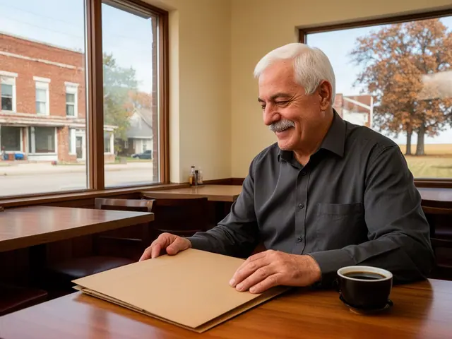 A restaurant owner seated with a folder in an empty dining room before opening.