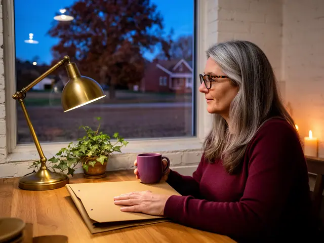 A woman with long gray-streaked hair and tortoiseshell glasses at a desk with a folder and a mug in a small back office.