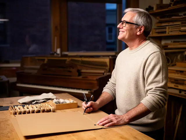 A man with short gray hair and black-framed glasses at a work table with a closed folder in a small piano-repair workshop.